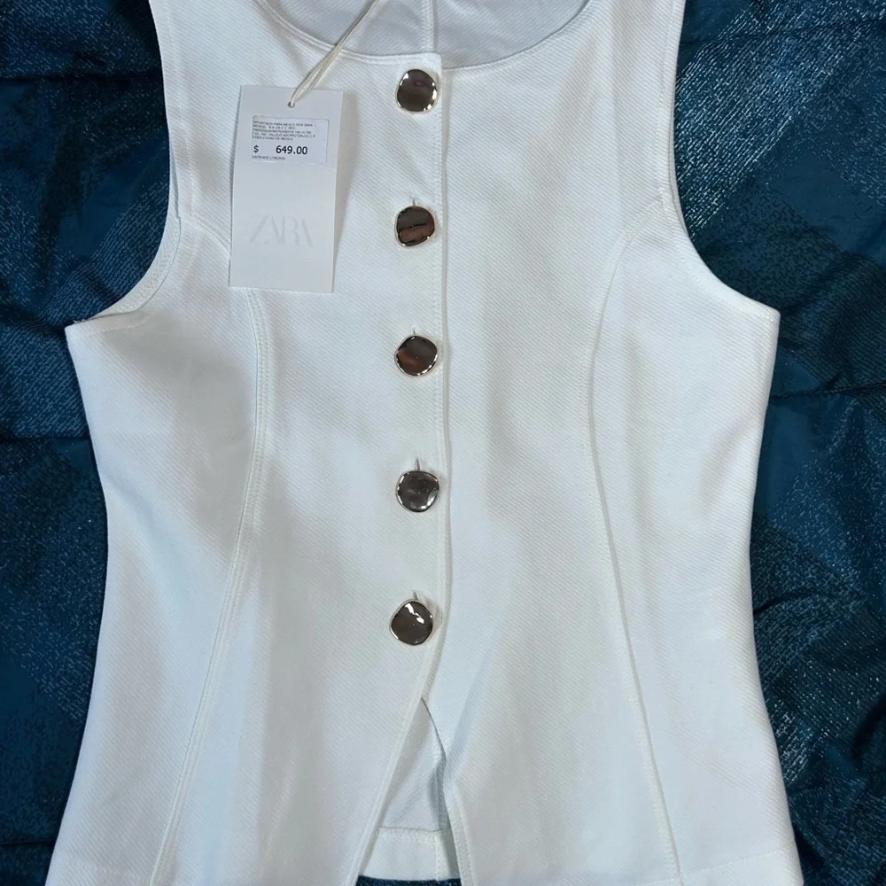 Zara White Top with Gold Button V neck vest size M - Picture 6 of 11